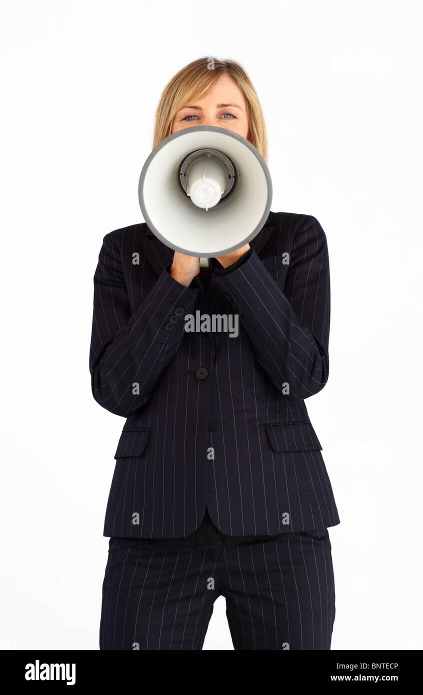 Young businesswoman holding a megaphone Banque D'Images