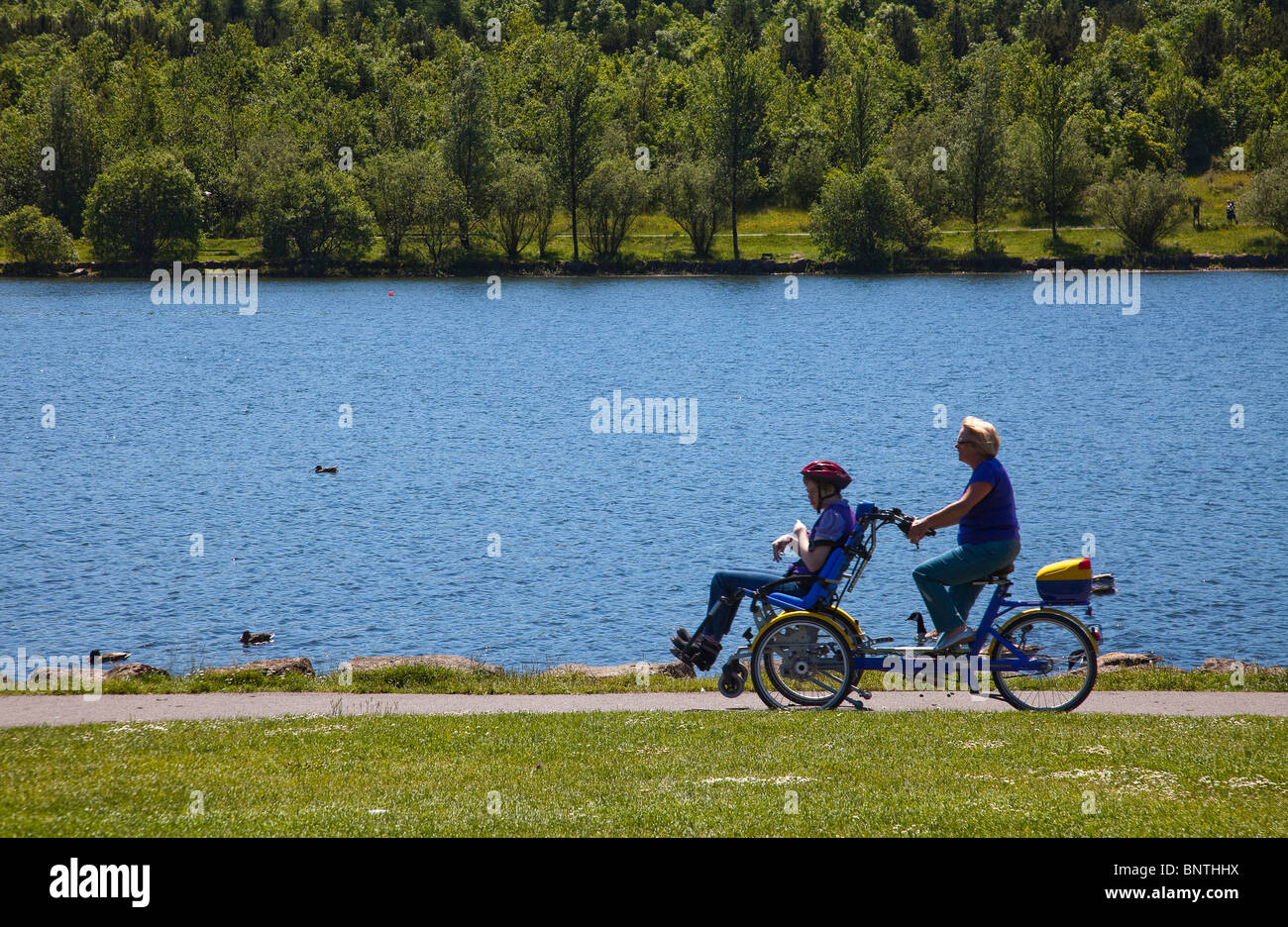 Le vélo d'un tricycle avec deux places handicapés autour de Bryn Bach Park Pays de Galles UK Tredegar Banque D'Images