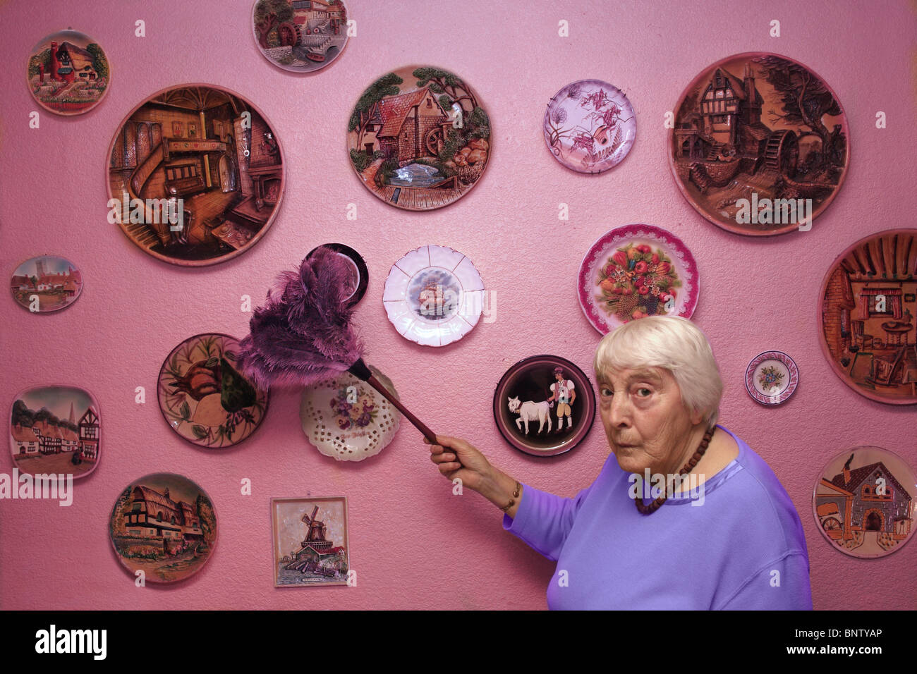 Une vieille dame dépoussiérer sa collection d'assiettes. Banque D'Images