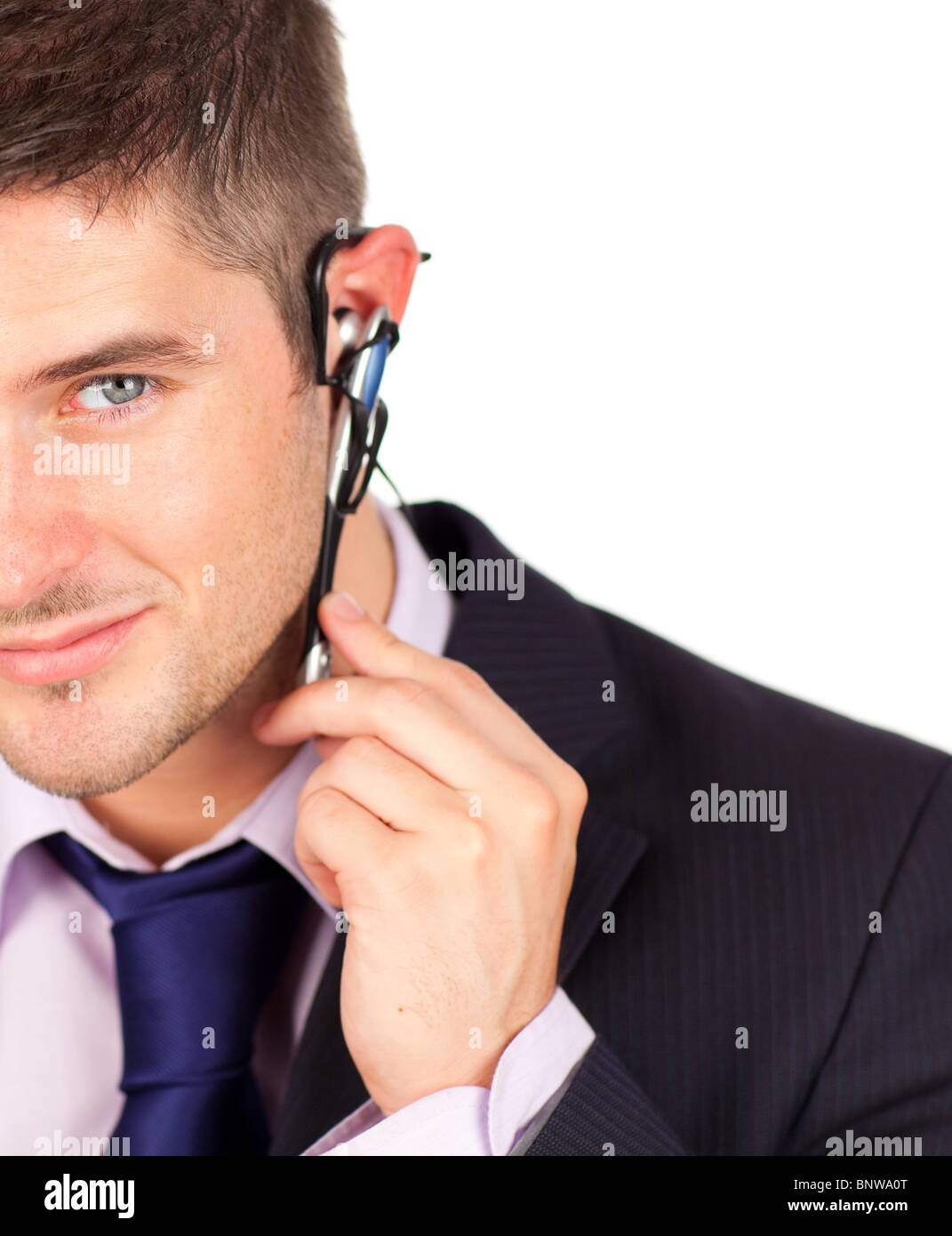 Sur l'homme regardant la caméra casque Banque D'Images