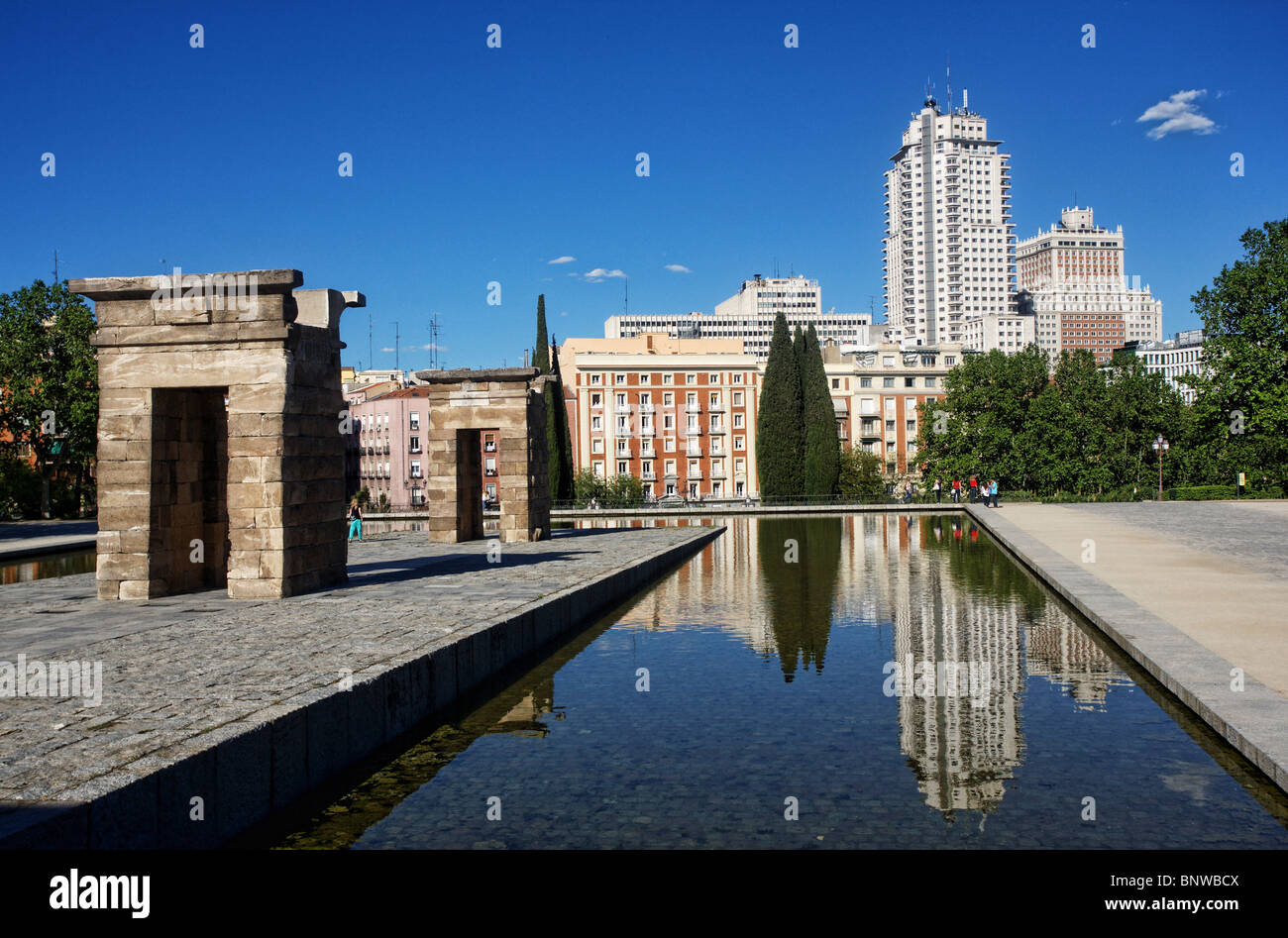 Temple de Debod, Parque del Oeste et Plaza de España, Madrid, Espagne Banque D'Images