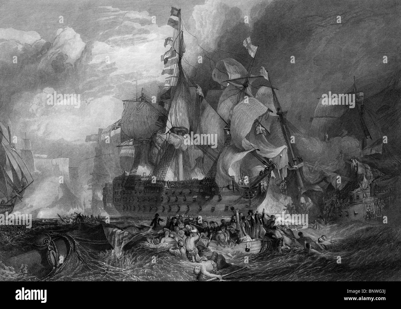 Gravure en noir et blanc de la bataille de Trafalgar. Banque D'Images