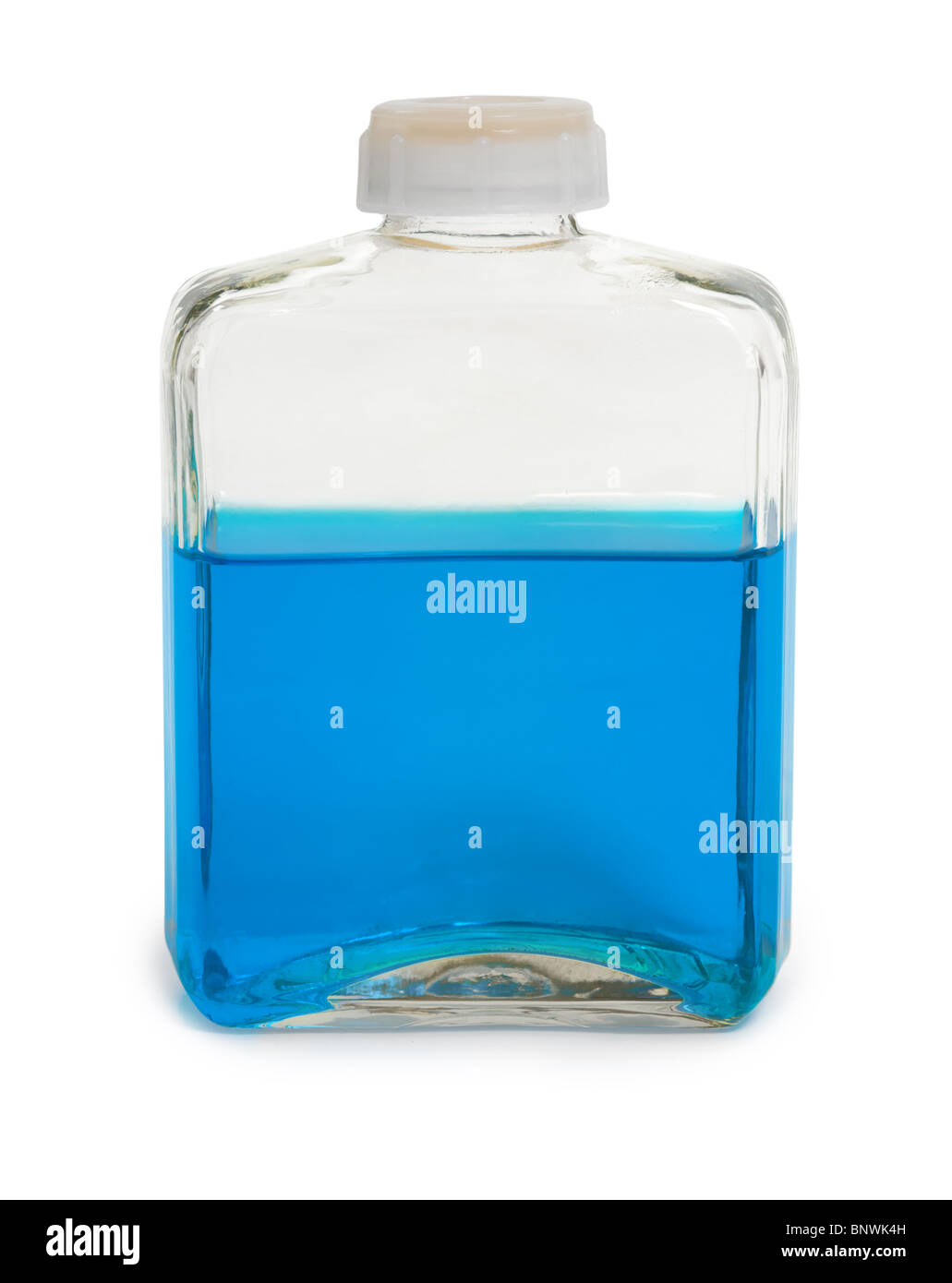Le flacon en verre rempli d'une solution chimique bleu foncé Banque D'Images