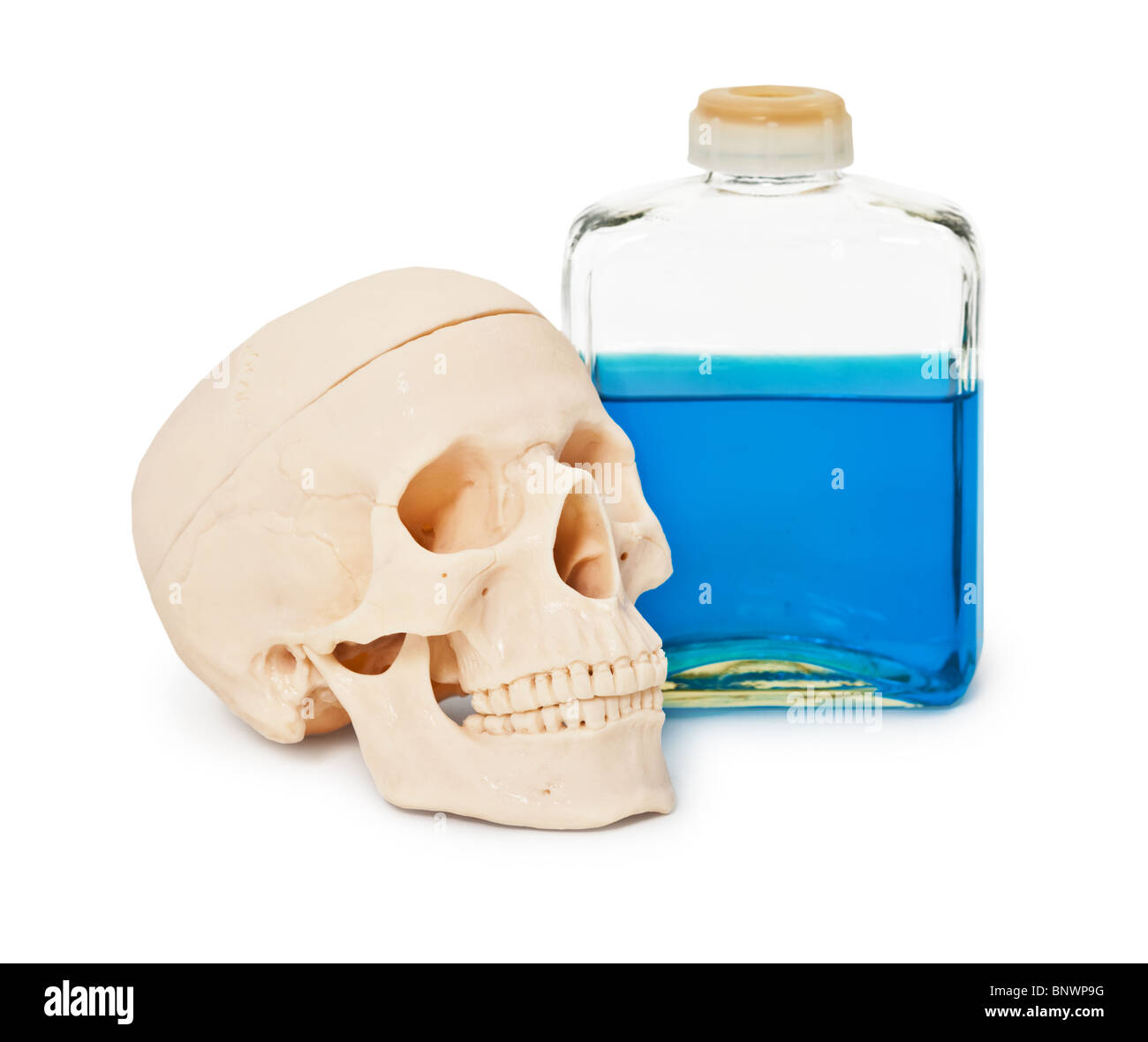 Résumé La nature morte - une grande bouteille avec un liquide toxique bleu foncé et un crâne humain Banque D'Images