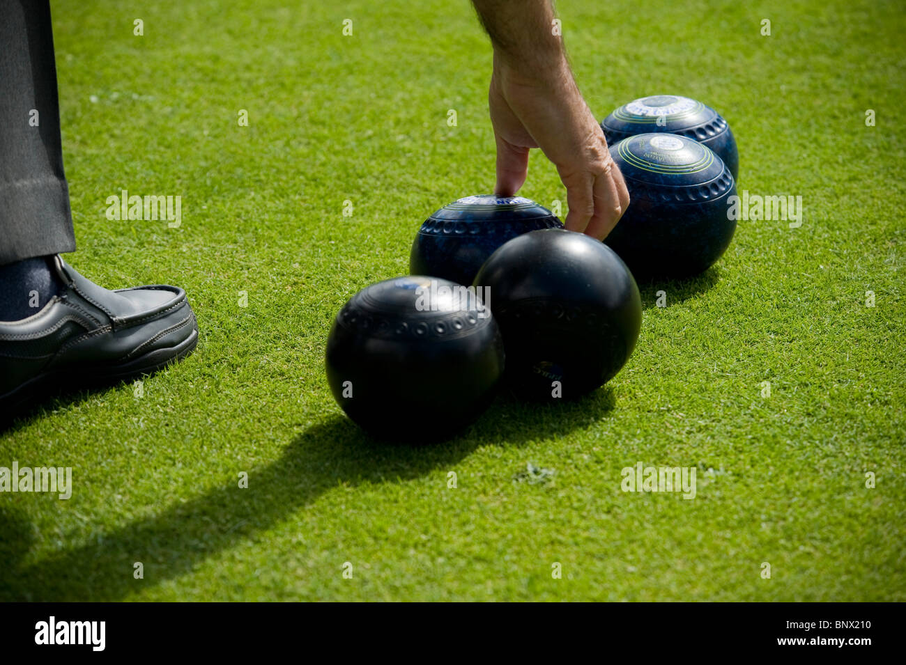 Un homme âgé atteint pour les bols sur la pelouse pour jouer un jeu de boules sur pelouse Banque D'Images