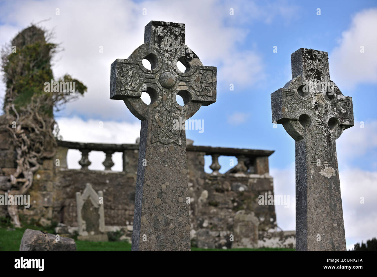 Croix celtique dans le cimetière de Cill Chriosd Kilchrist / Église sur l'île de Skye, Highlands, Scotland, UK Banque D'Images