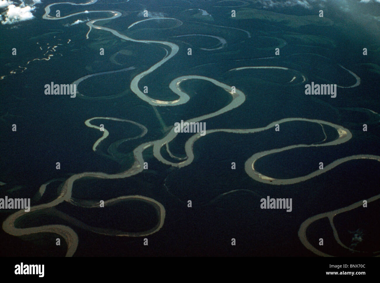 Vue aérienne de la Río Purús, avec des lacs en croissant, au Brésil. Banque D'Images