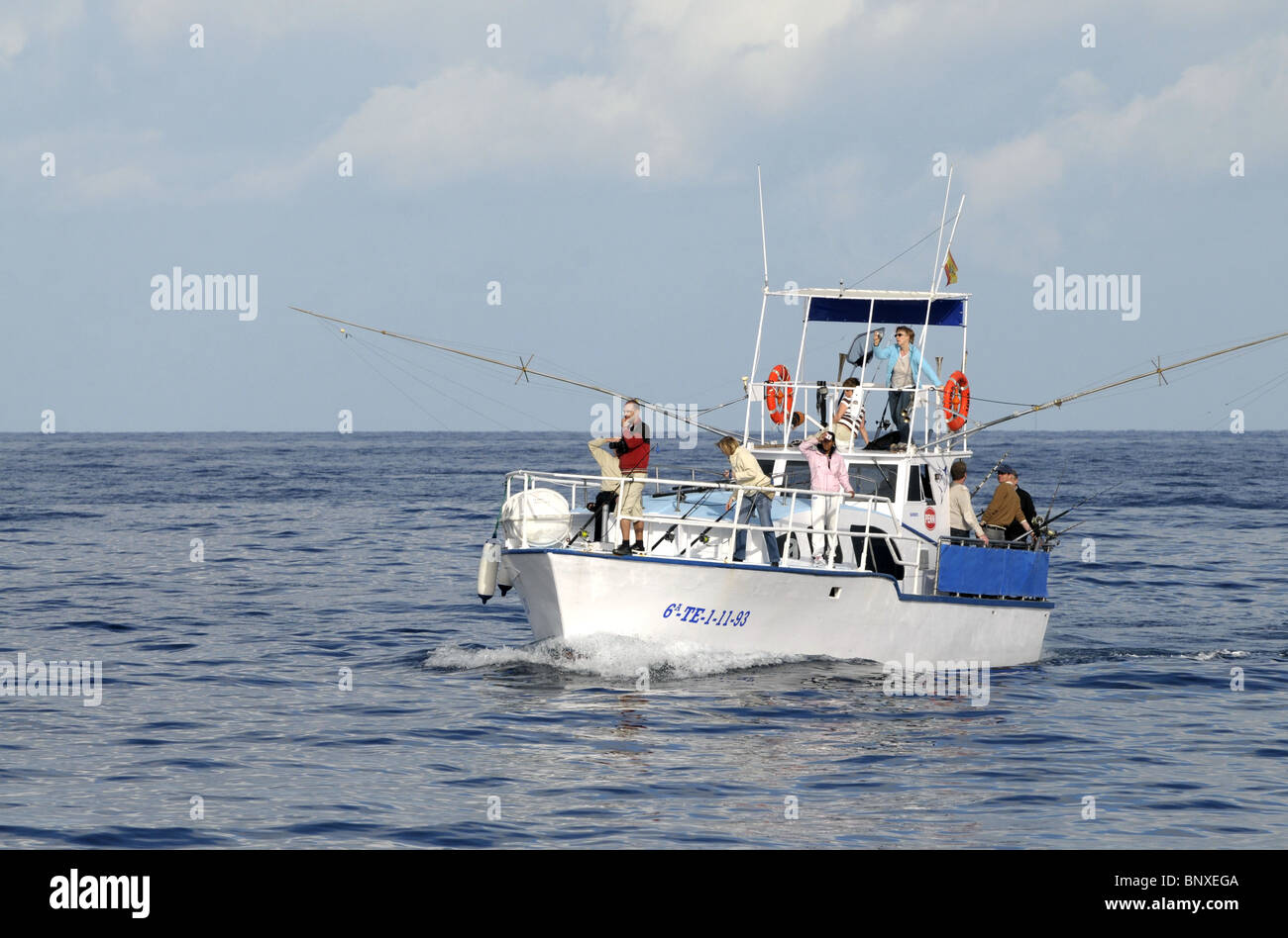 Bateau de pêche et baleines au large de la Costa Adeje à Tenerife, Îles Canaries, Espagne Banque D'Images