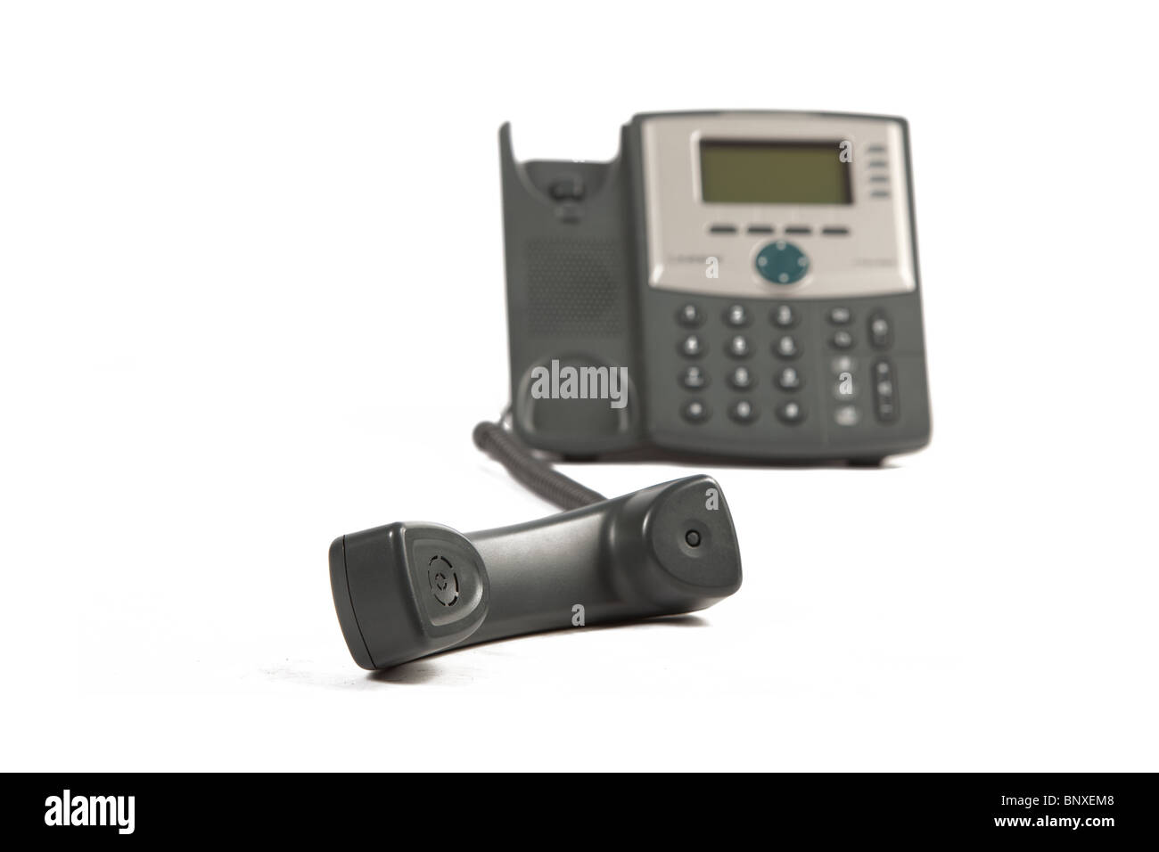 Téléphone IP outre du crochet sur Blanc Fond isolé Banque D'Images