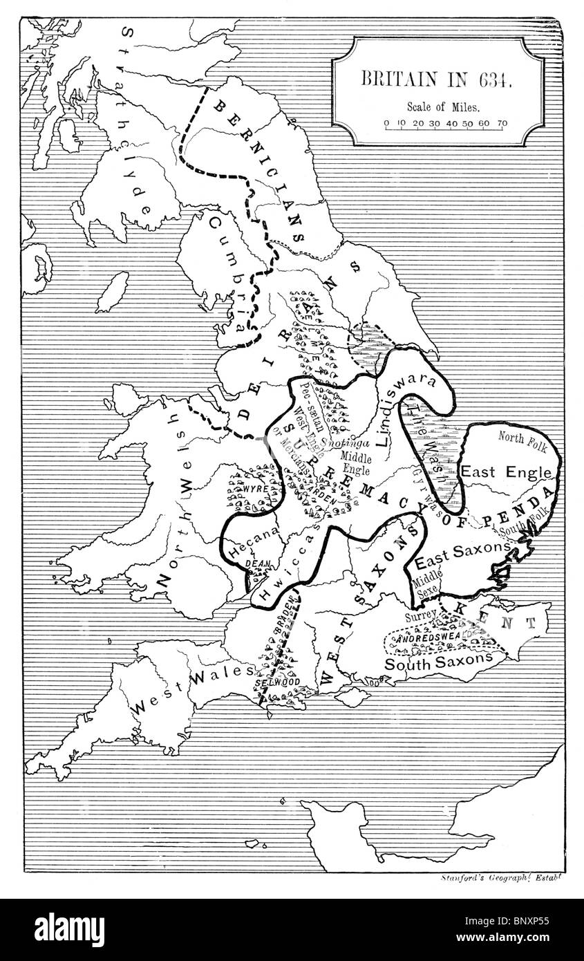 Illustration noir et blanc de l'Angleterre anglo-saxonne au 7ème siècle montrant la suprématie du roi Penda Banque D'Images