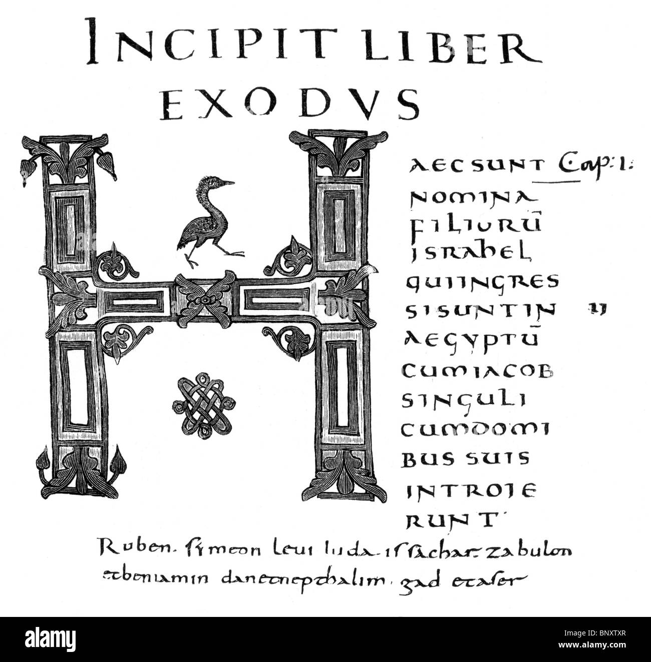 Illustration noir et blanc ; page de titre du livre de l'exode ; la Bible d'Alcuin, 8e siècle Banque D'Images