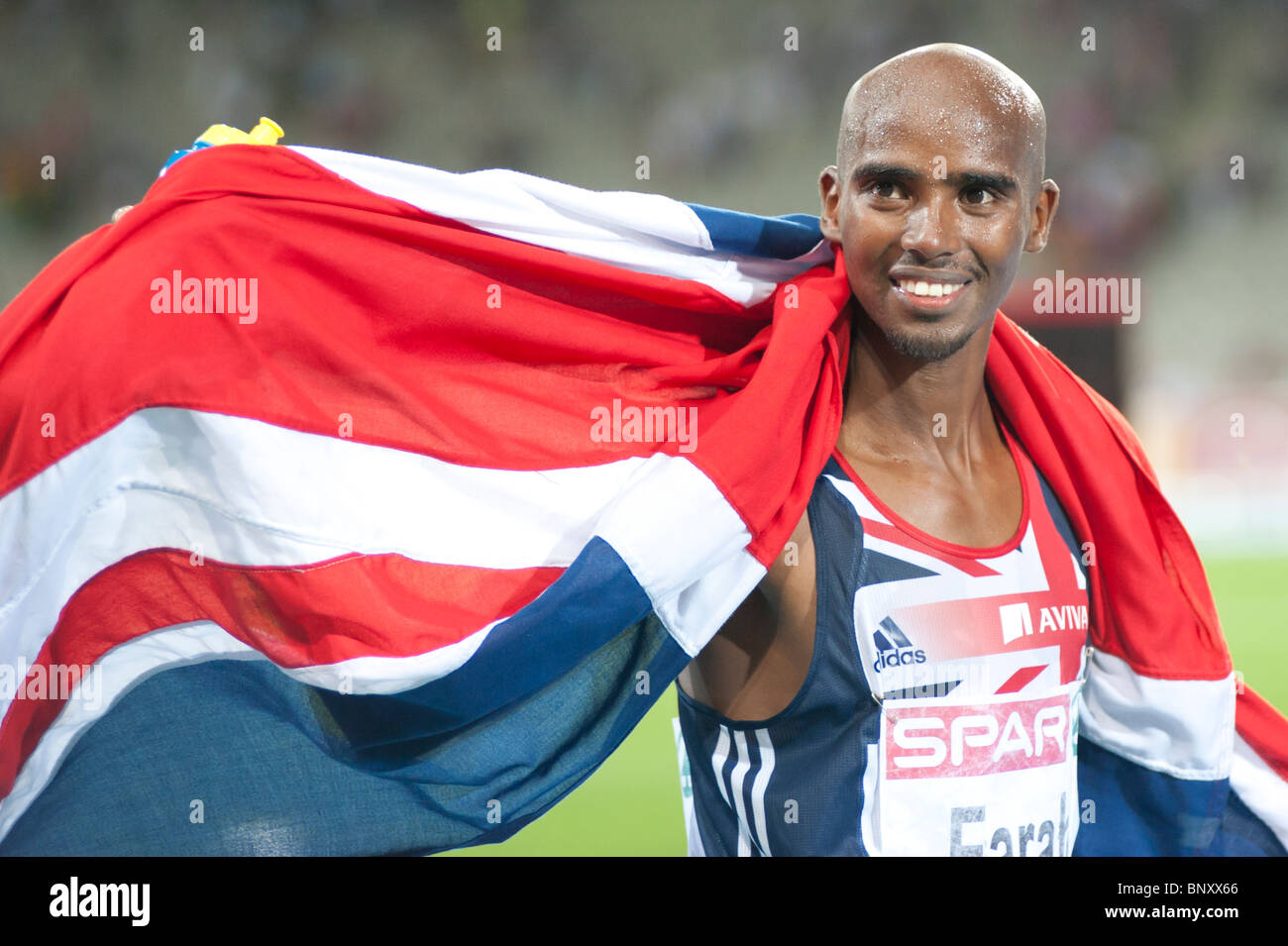 31 juillet 2010 BARCELONE : 10000m médaillé d'athlète britannique Mo Farah remporte également la médaille d'or dans le 5000m Finale. Banque D'Images