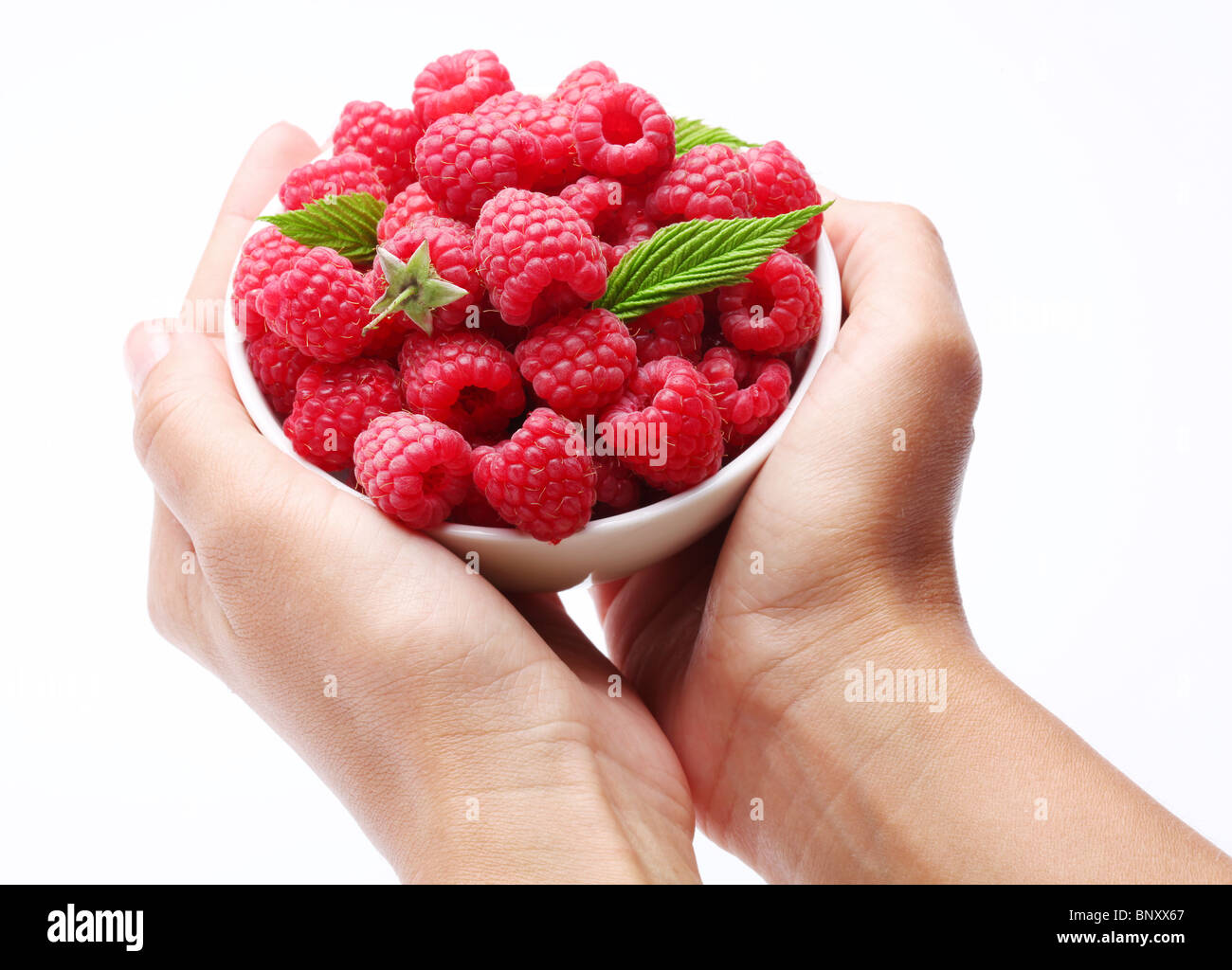 De la vaisselle avec des framboises dans femme mains. Isolé sur un fond blanc. Banque D'Images