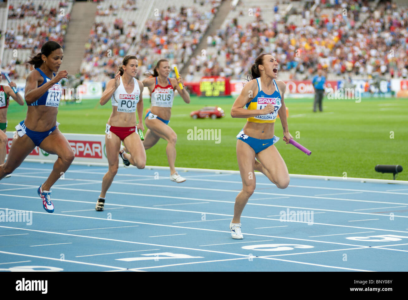 Relais 4x400m dans la course des femmes 2010 Barcelona European Athletics Championships. Banque D'Images