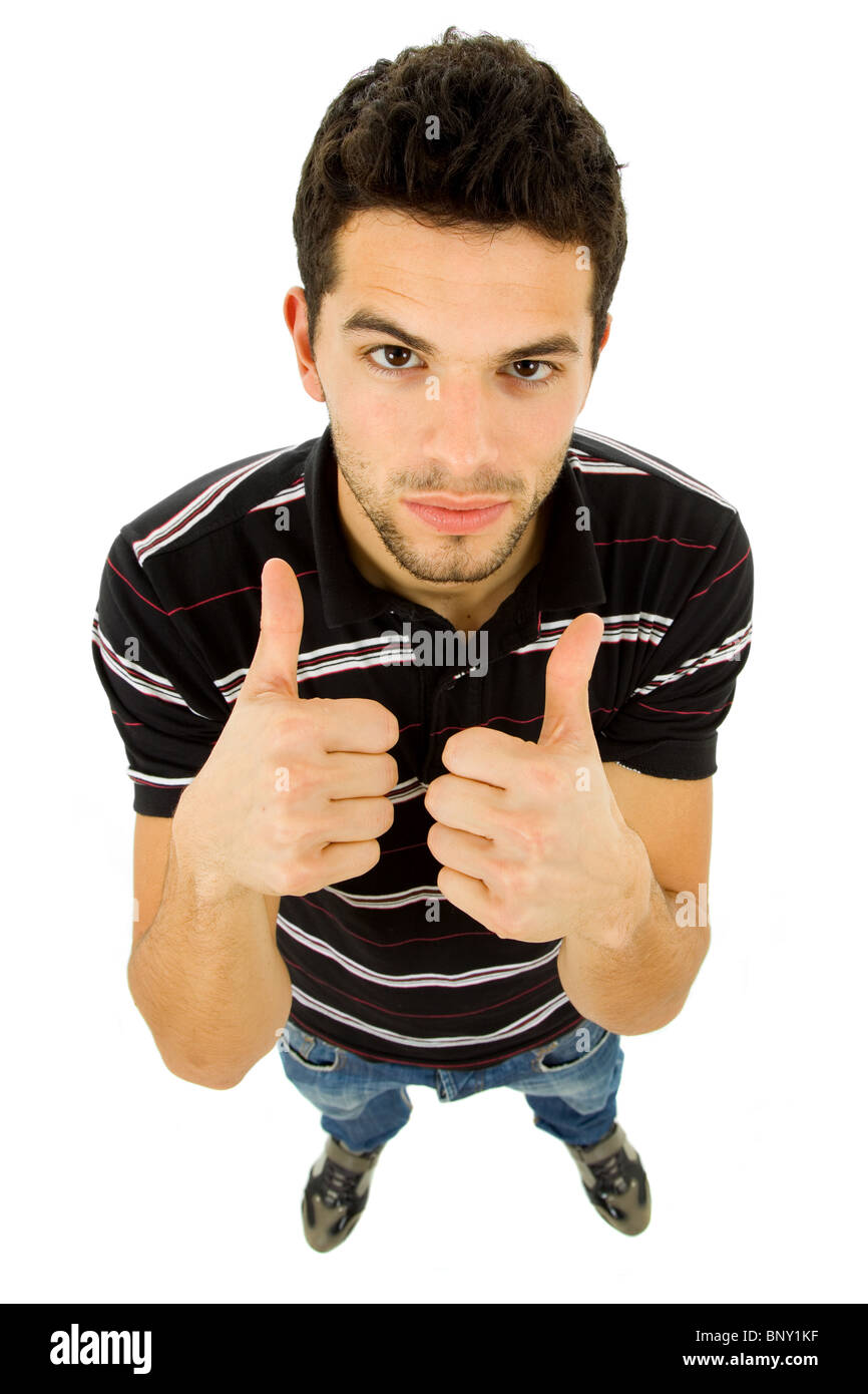 Jeune homme passe Thumbs up in a white background Banque D'Images