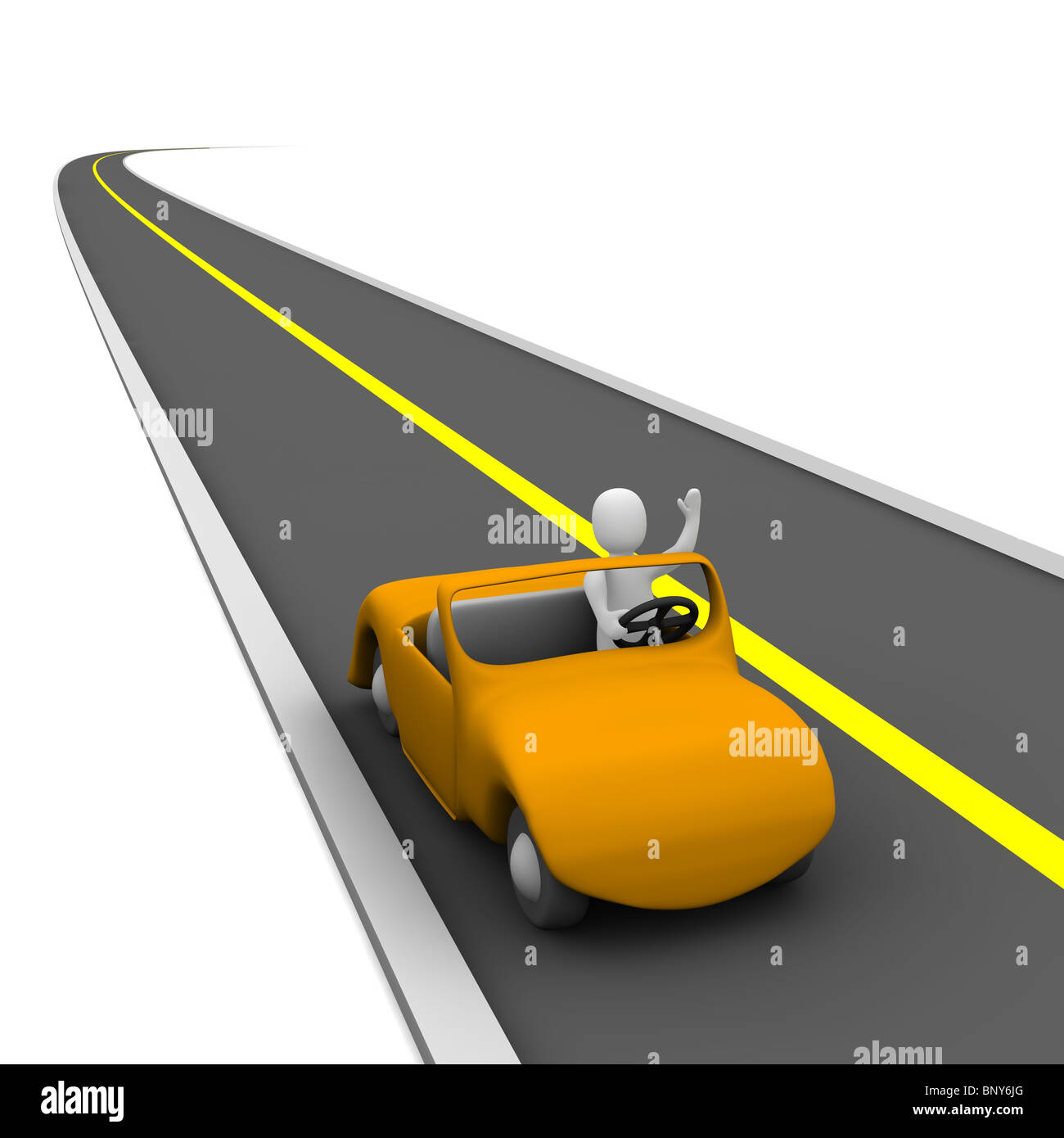 Dans l'homme et voiture cabriolet route vide. Rendu 3d illustration. Banque D'Images