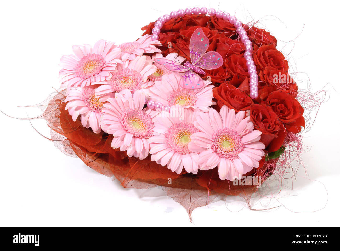 Valentine Gerbera Roses w et feuilles en tissu Banque D'Images