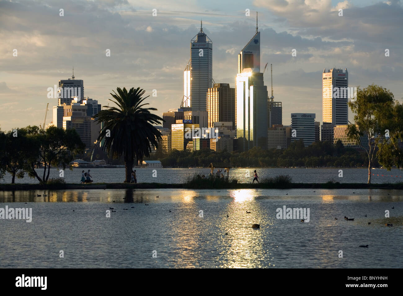 Vue sur James Mitchell Park à la Swan River et la ville de Perth au coucher du soleil. Perth, Australie occidentale, Australie. Banque D'Images