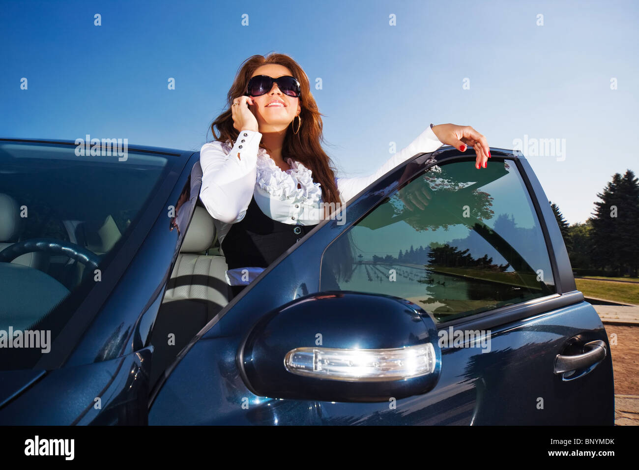 Young businesswoman talking on phone à sa voiture. Banque D'Images