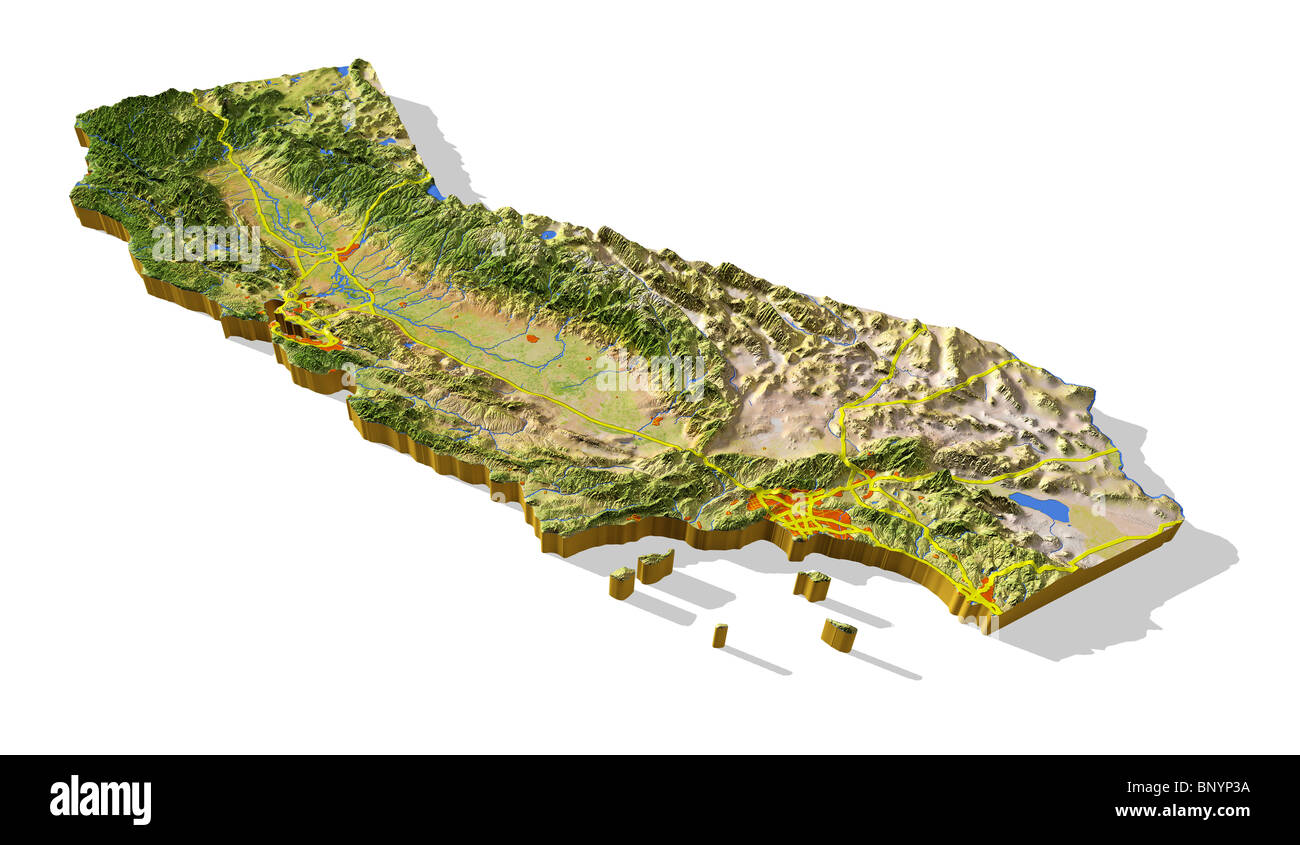 La Californie, 3D Relief map cut-out avec les zones urbaines et les autoroutes. Banque D'Images