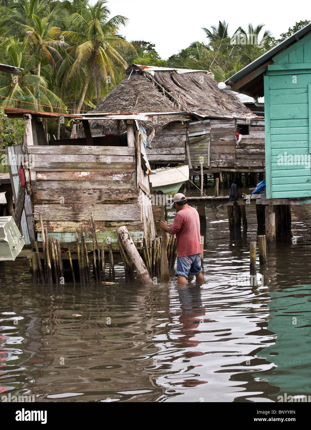 L'homme au travail entreprendre la réparation de ses toilettes à l'extérieur sur le Cayo Carenero, Bocas del Toro Banque D'Images