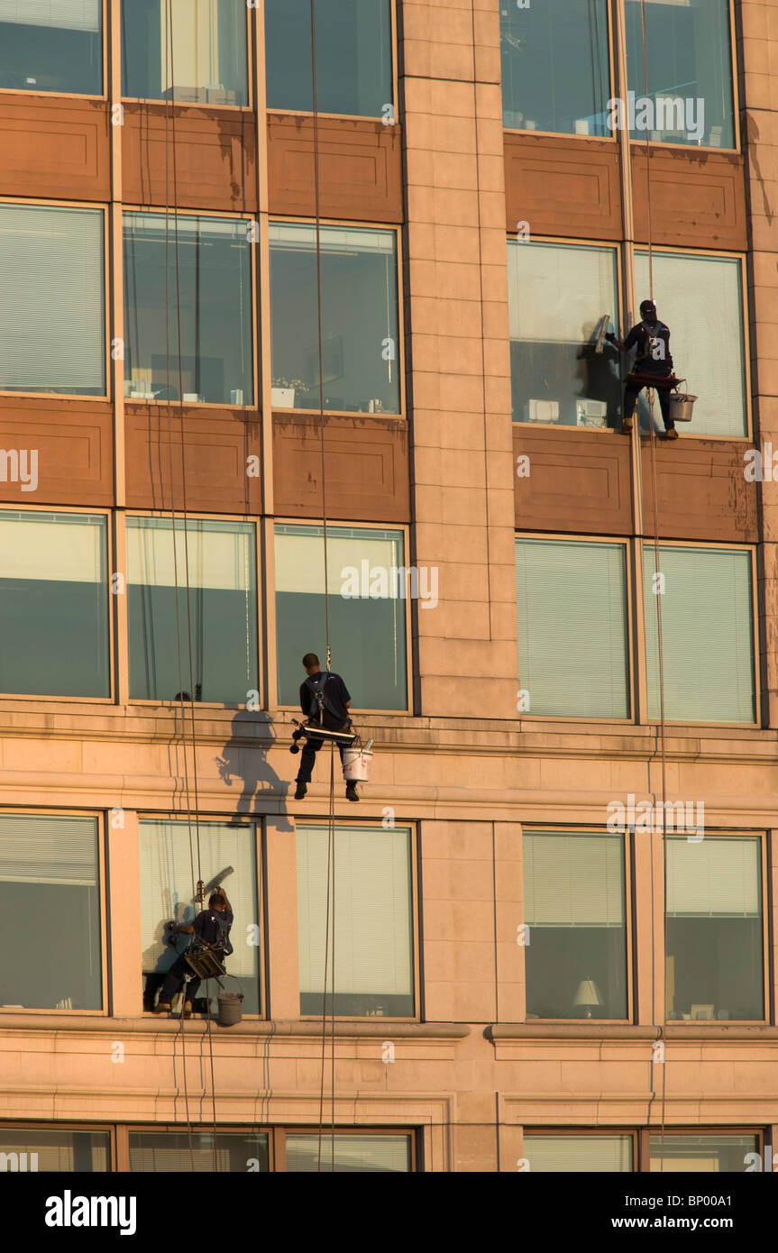 Les laveurs de vitres repousser vers le bas d'un immeuble dans Boston MA. Banque D'Images