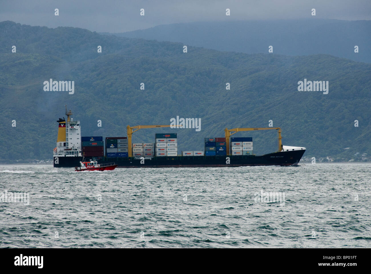 Porte-conteneur ou d'un bateau-pilote de quitter le port de Wellington, Île du Nord, Nouvelle-Zélande Banque D'Images