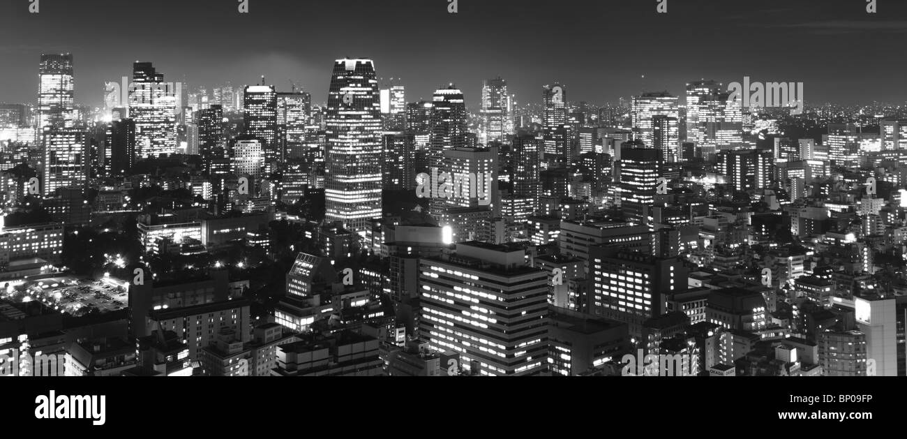Panorama de Tokyo de nuit en noir et blanc Banque D'Images