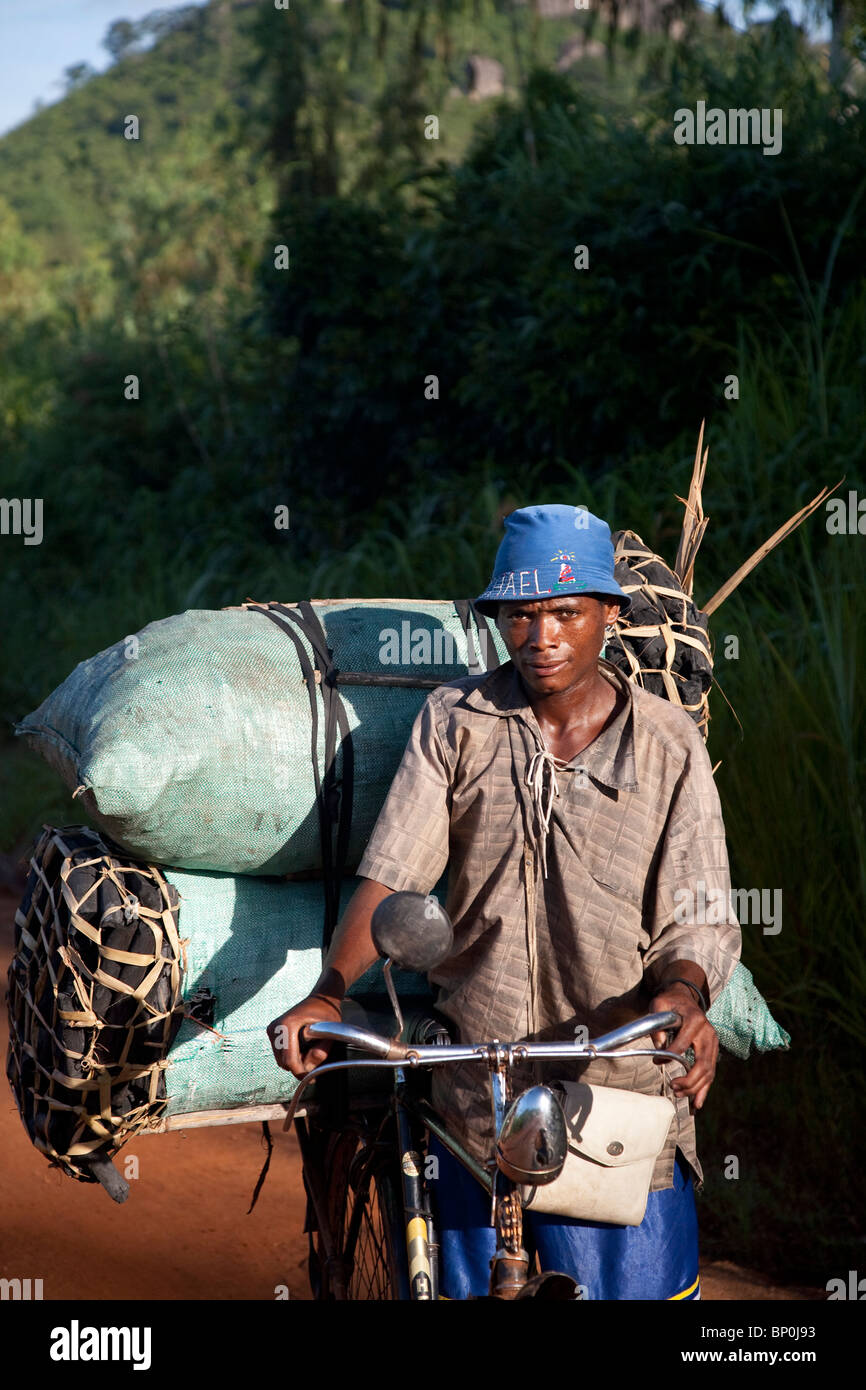 Le Mozambique, près de Nampula. Un homme pose avec sa lourde cargaison de charbon. Banque D'Images
