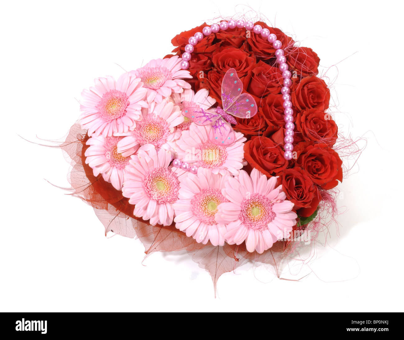 Valentine Gerbera Roses w et feuilles en tissu Banque D'Images