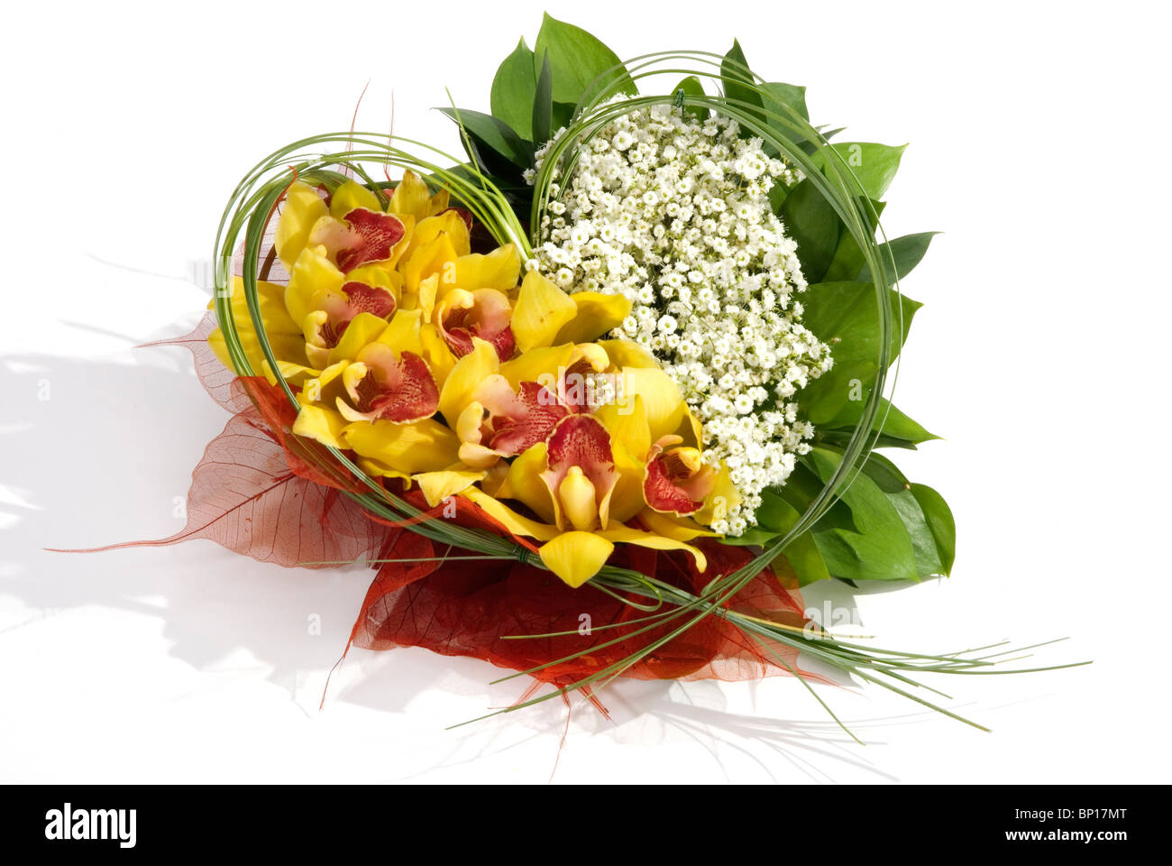 Valentine w Orchidées, vert et feuilles en tissu Banque D'Images