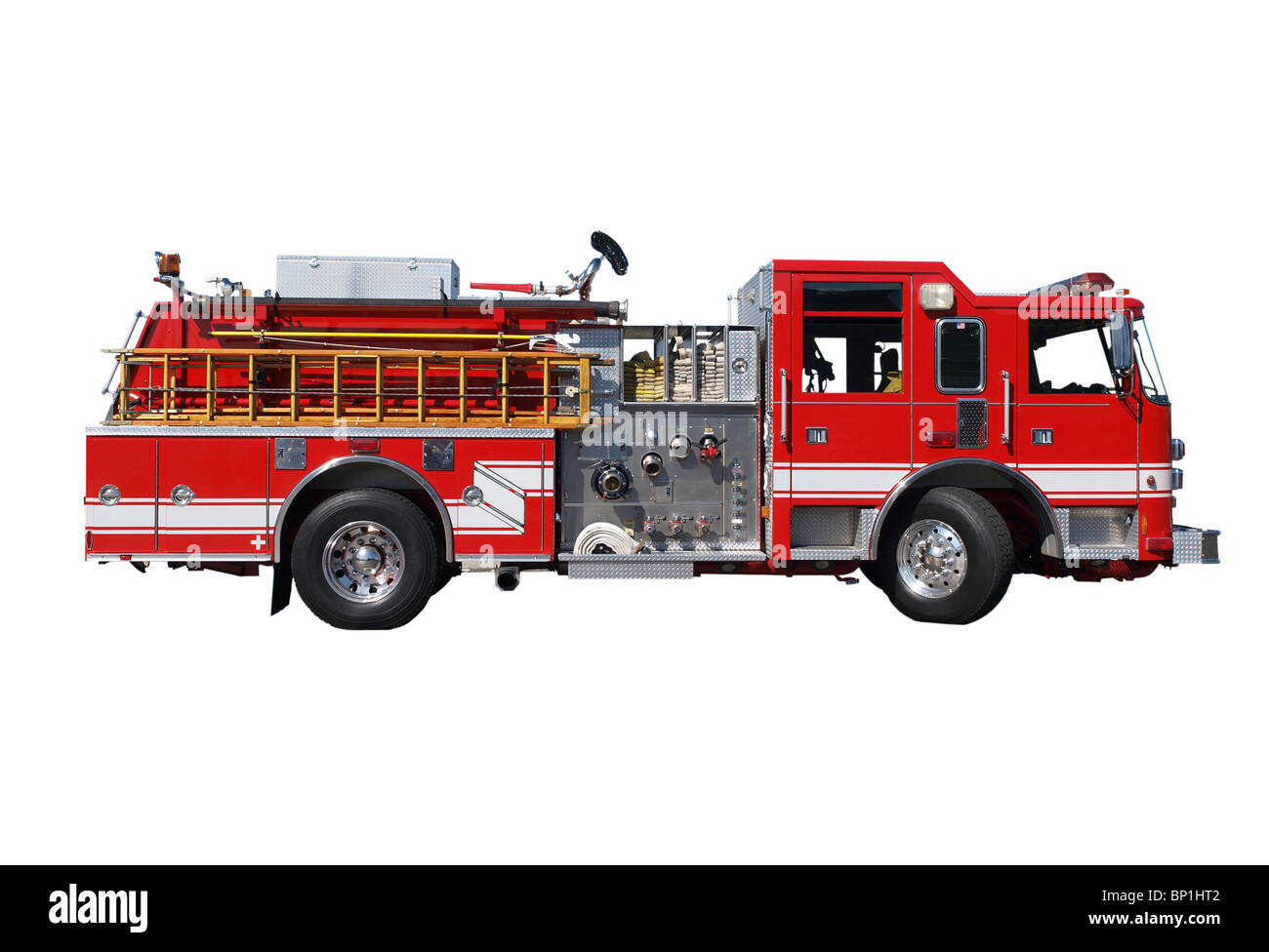 Camion à incendie avec flexibles et échelle en bois. Banque D'Images