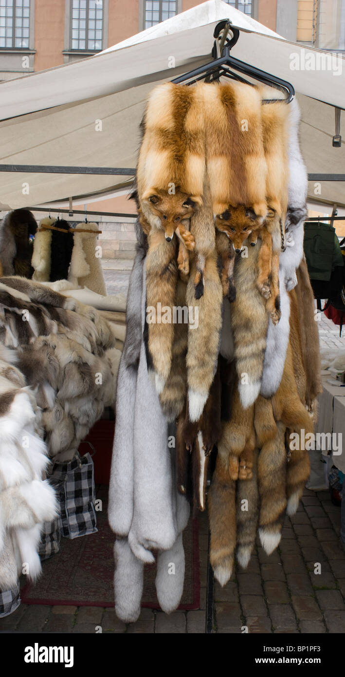 Un décrochage de la fourrure dans le marché quai Kauppatori à Helsinki. Un rack de fourrures de renard est bien visible à l'avant. Banque D'Images