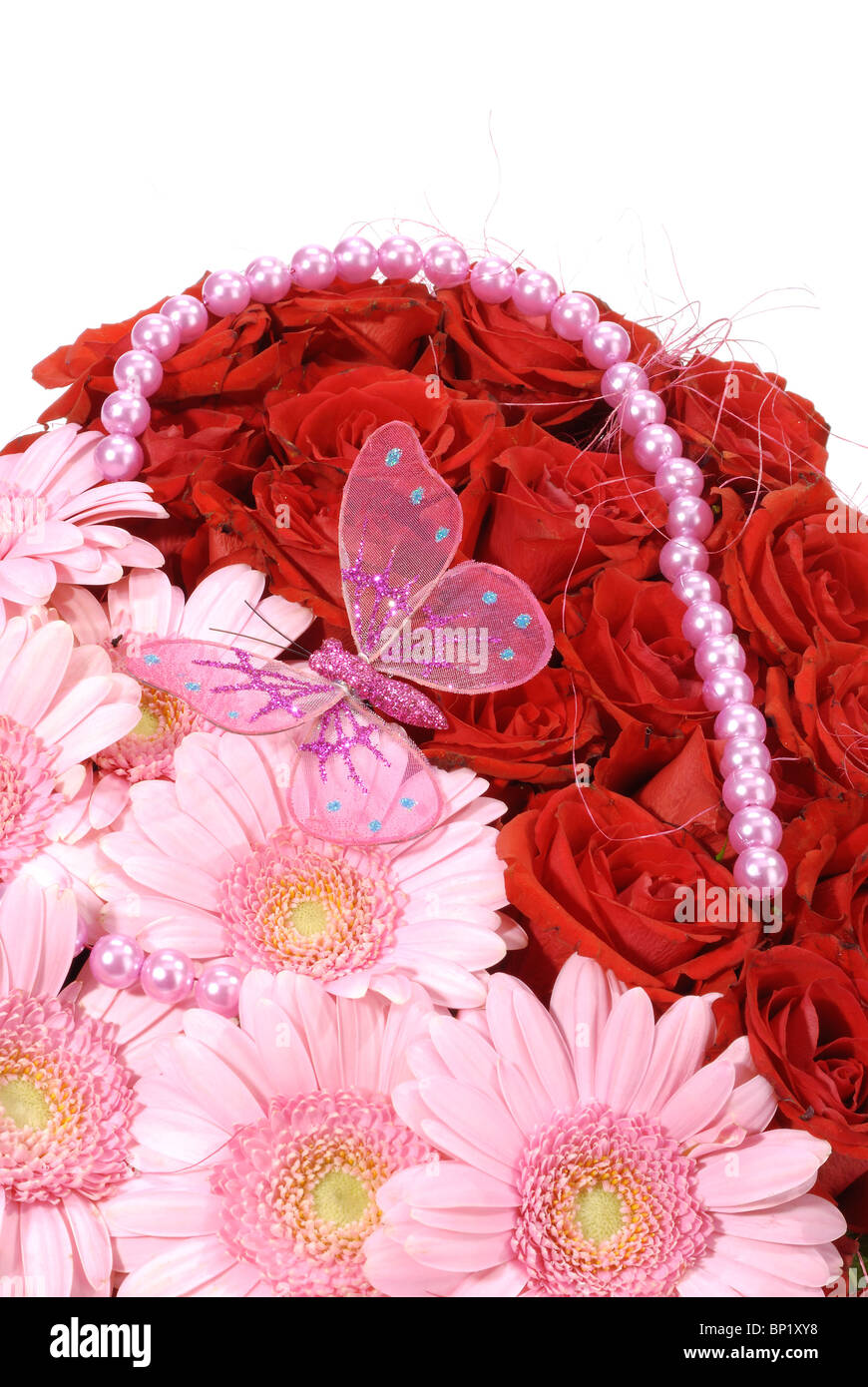 Valentine Gerbera Roses w et feuilles en tissu Banque D'Images