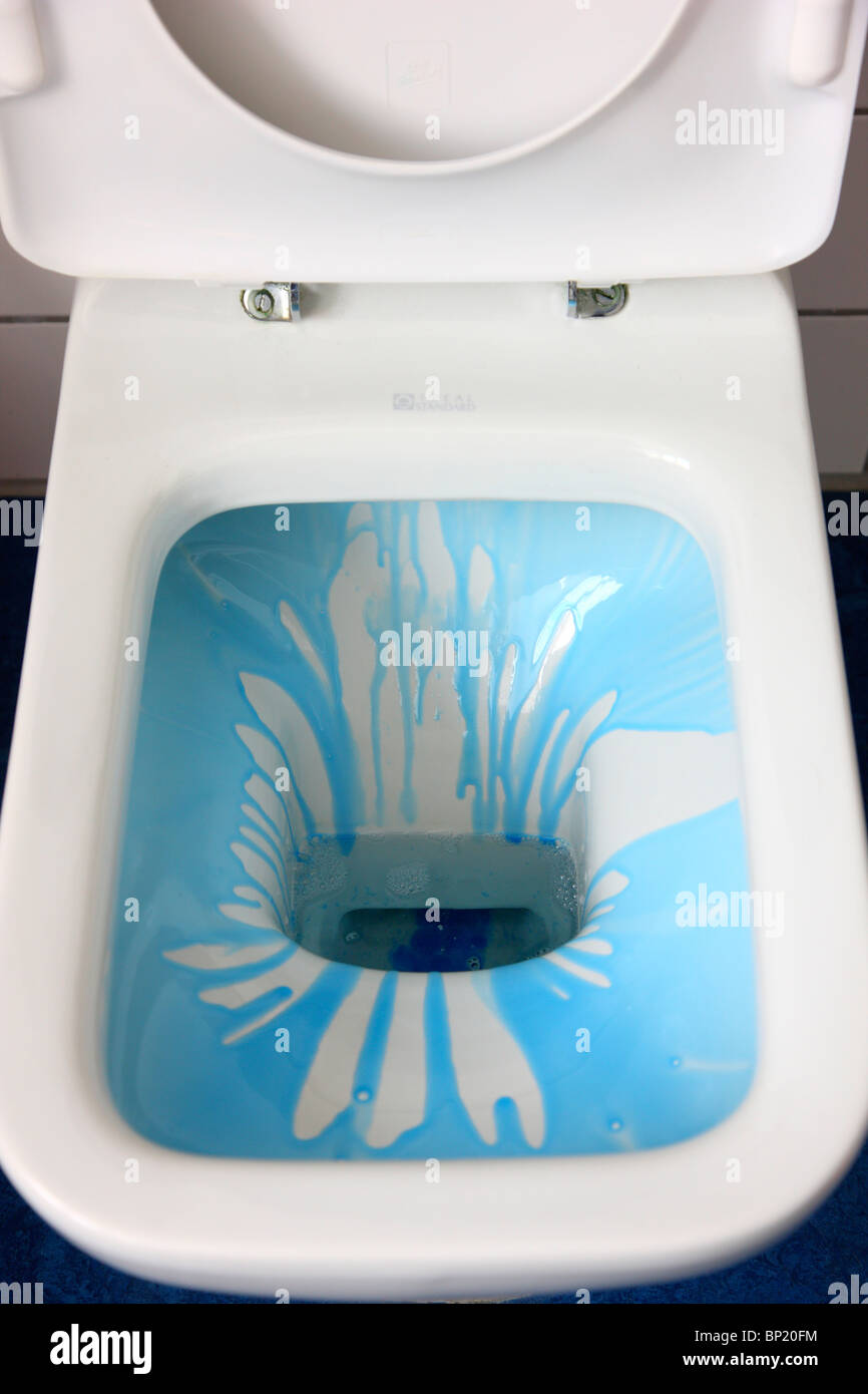 Agent de nettoyage bleu dans une cuvette de toilette, Ménage de l'hygiène. Banque D'Images