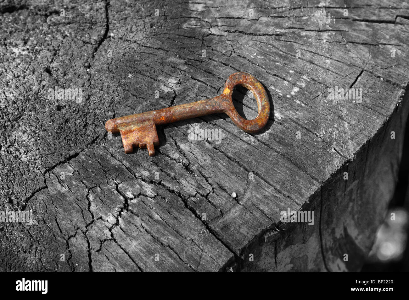 Old rusty key sur bois Banque D'Images