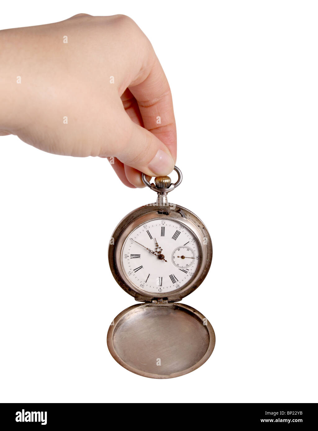 Montre de poche en argent détient la main, isolated on white Banque D'Images
