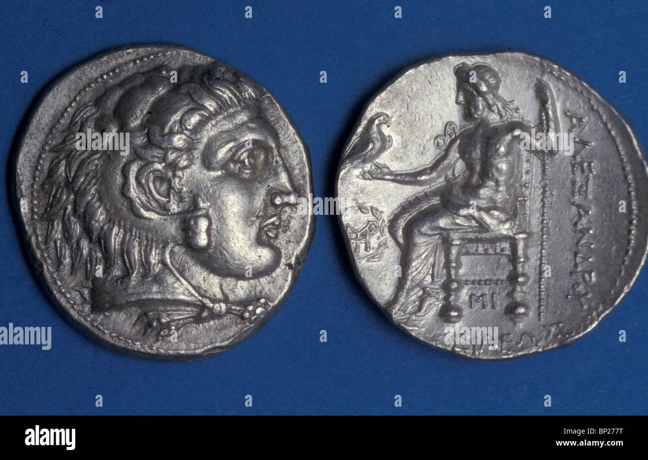 TIREAN DENAR SILVER AVEC LE BUSTE D'Alexandre le Grand AVEC UNE PEAU DE LION COMME COIFFURE avers : Zeus assis sur un trône Banque D'Images
