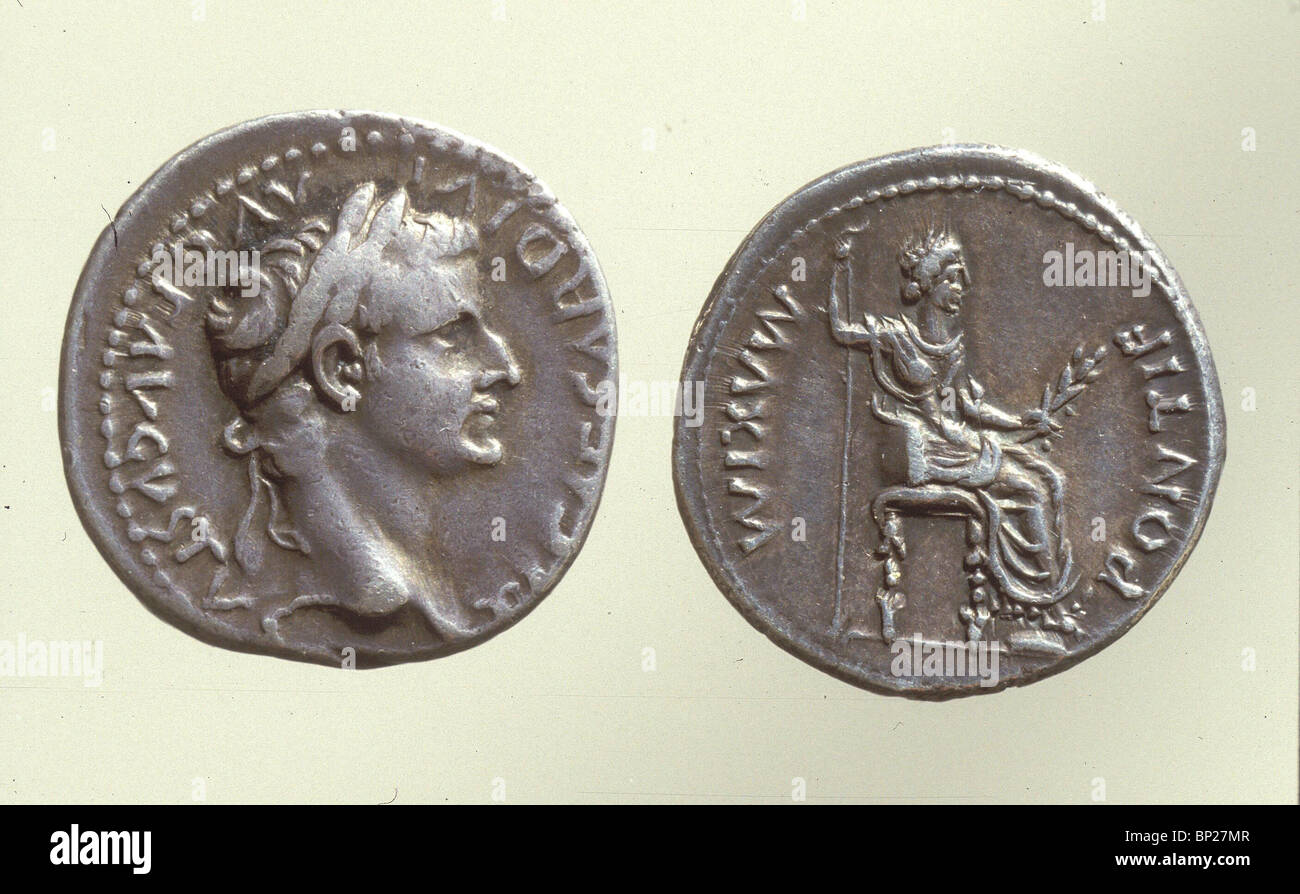 931. Pièce de monnaie romaine avec le buste de l'empereur Auguste, (30 av. - AD 14). Banque D'Images