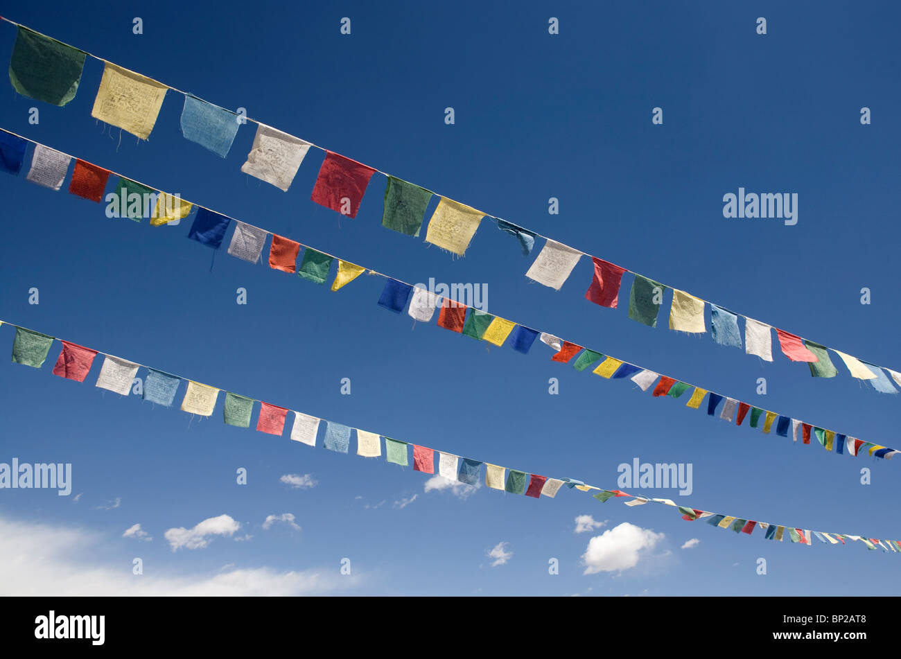 Drapeaux de prière tibetains sur skyat bleu en tibétain Choglamsar. Banque D'Images Drapeaux de prière tibetains sur skyat bleu en tibétain Choglamsar. Banque D'Images