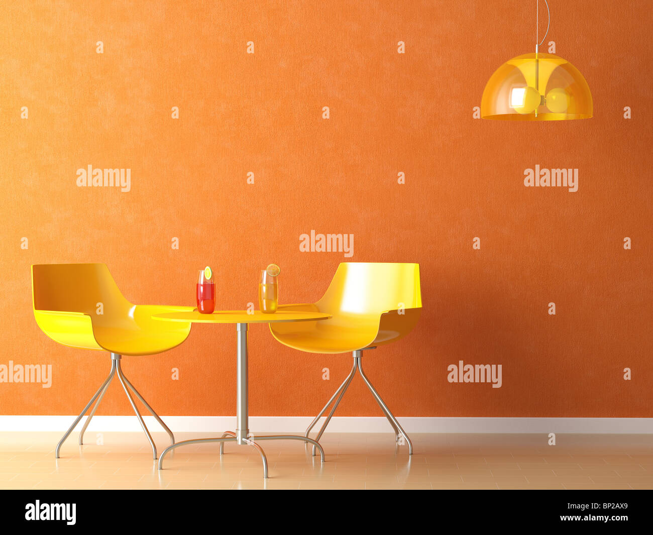 Scène de rendu 3D d'un coffee-shop moderne table et chaise en orange et jaune Banque D'Images