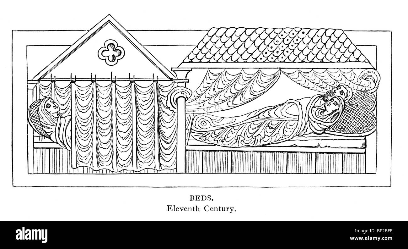 Illustration noir et blanc ; 11e siècle ; lits à baldaquin Banque D'Images