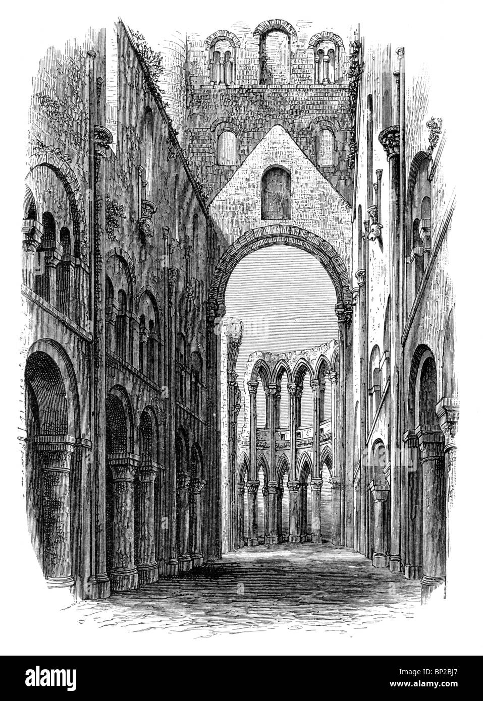 Illustration noir et blanc ; 11e siècle ; Église de l'abbaye de Jumièges, Normandie, France ; la nef et l'abside Banque D'Images