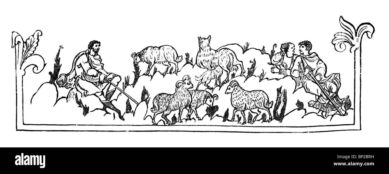 Illustration noir et blanc ; le calendrier anglo-saxon ; mai ; Regarder des moutons ; source ; Mme Cotton Julius un vi ; Banque D'Images