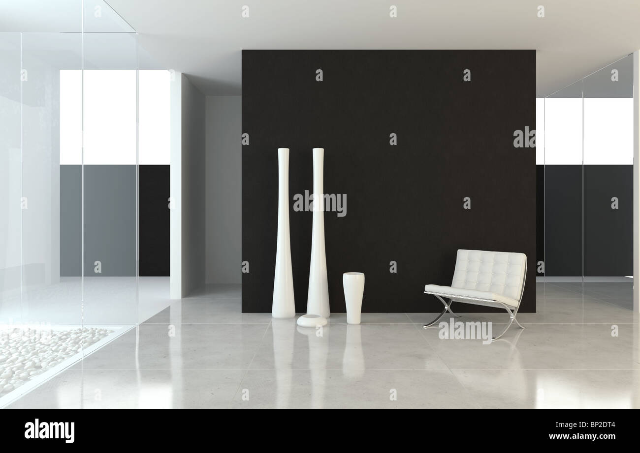 Scène d'intérieur d'un moderne espace noir et blanc minimaliste Banque D'Images