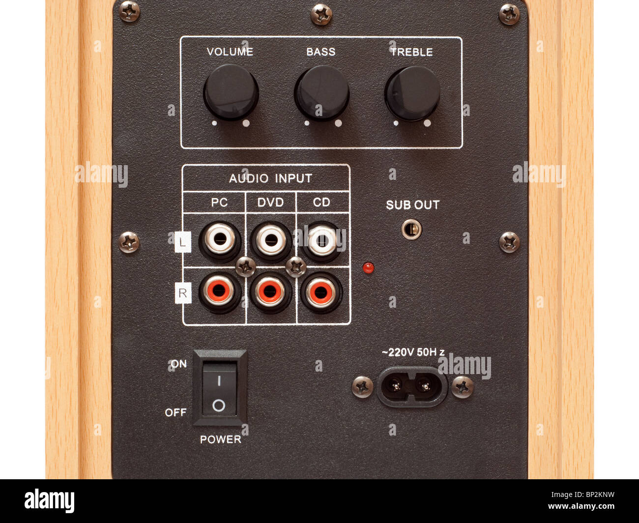 Panneau d'entrée audio et d'alimentation avec interrupteur et contrôle de volume Banque D'Images