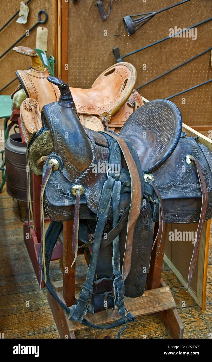 Deux chevaux de selles en cuir brun, l'un et l'autre une couleur havane,  sur des tréteaux avec diverses marques de fer Photo Stock - Alamy