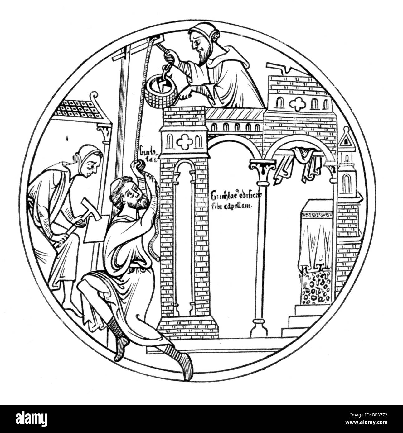 Illustration noir et blanc ; Scène du rouleau de Guthlac;12ème siècle ; la vie de Guthlac Guthlac ; la construction de son oratoire Banque D'Images