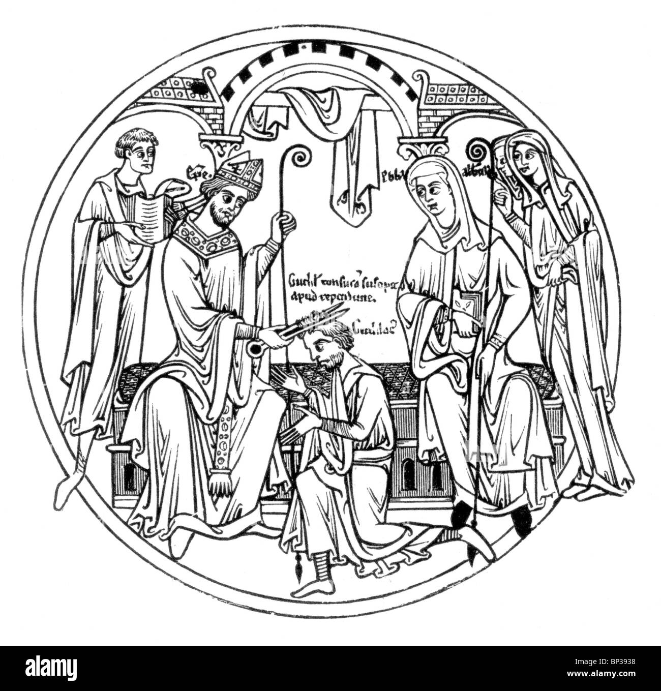 Illustration noir et blanc ; Scène du rouleau de Guthlac;12ème siècle ; la vie de Guthlac ; Guthlac recevant la tonsure Banque D'Images