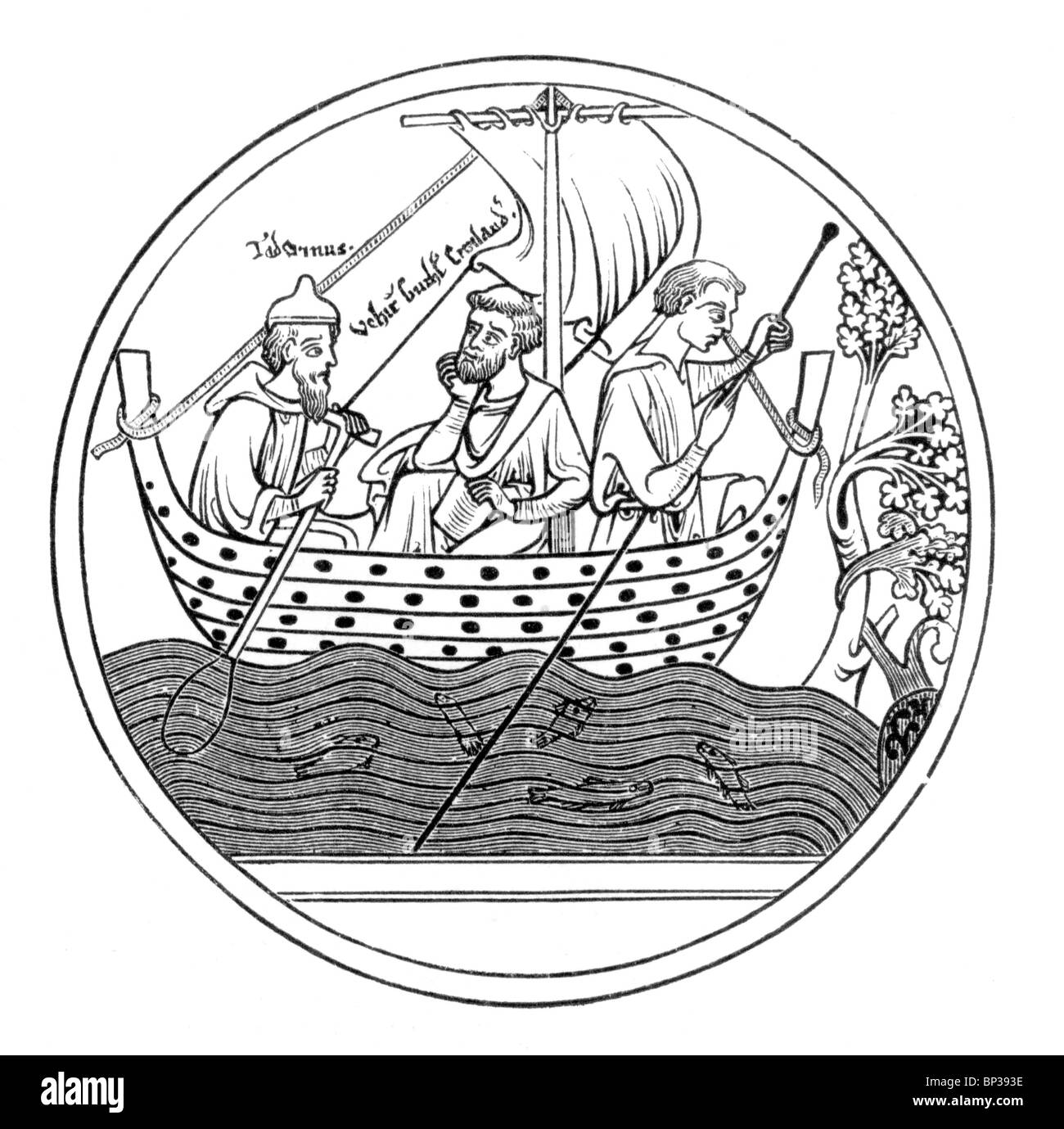 Illustration noir et blanc de la scène ; Guthlac Roll ; 12e siècle ; la vie de Guthlac ; Guthlac voiles de Crowland Banque D'Images